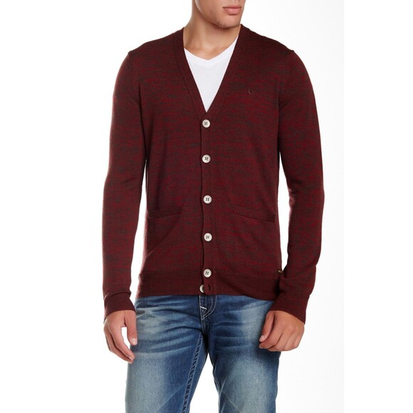 New NWT L Mens Cardigan Sweater Button Dark Red True Religion Oxblood Space Dye - Picture 1 of 6